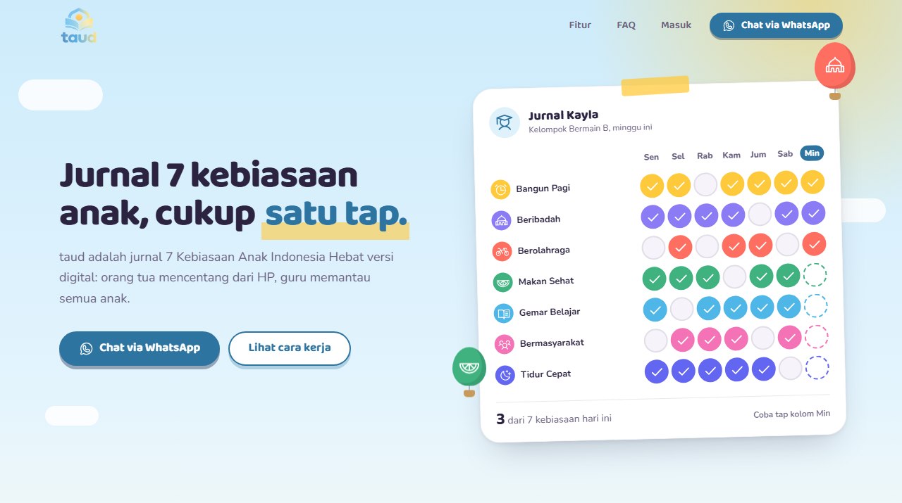 Beranda taud, jurnal 7 kebiasaan digital untuk PAUD, dengan lembar checklist warna-warni